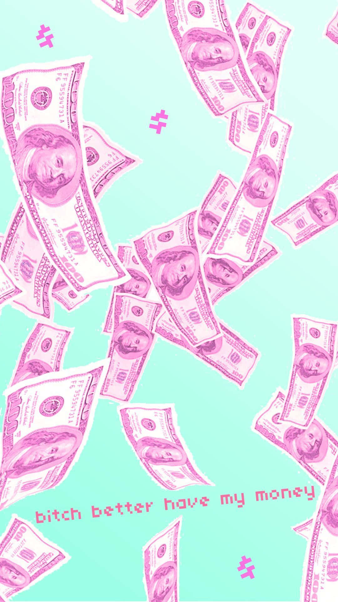 A Pink And Blue Background With Money Flying In The Air