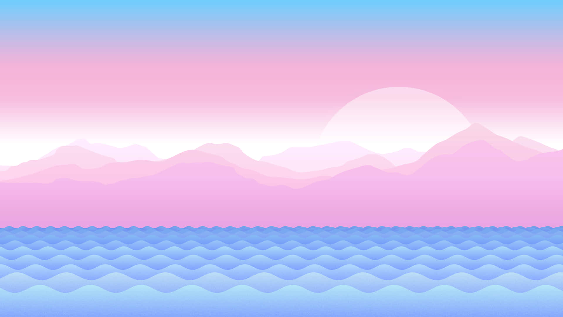 A Pink And Blue Ocean With Mountains And Waves Background