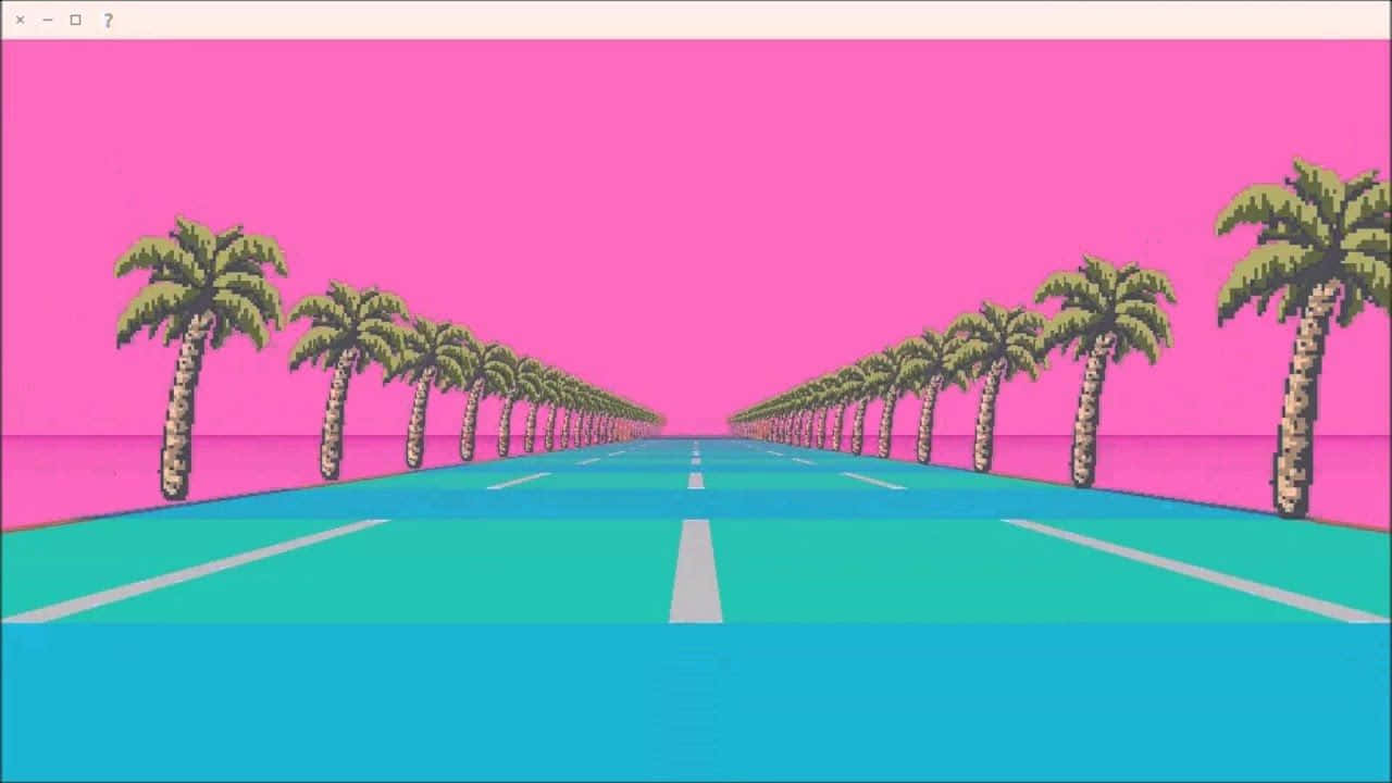 A Pink And Blue Screen With Palm Trees Background