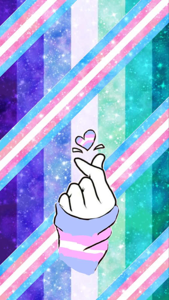 A Pink And Blue Striped Wallpaper With A Hand Holding A Heart Background