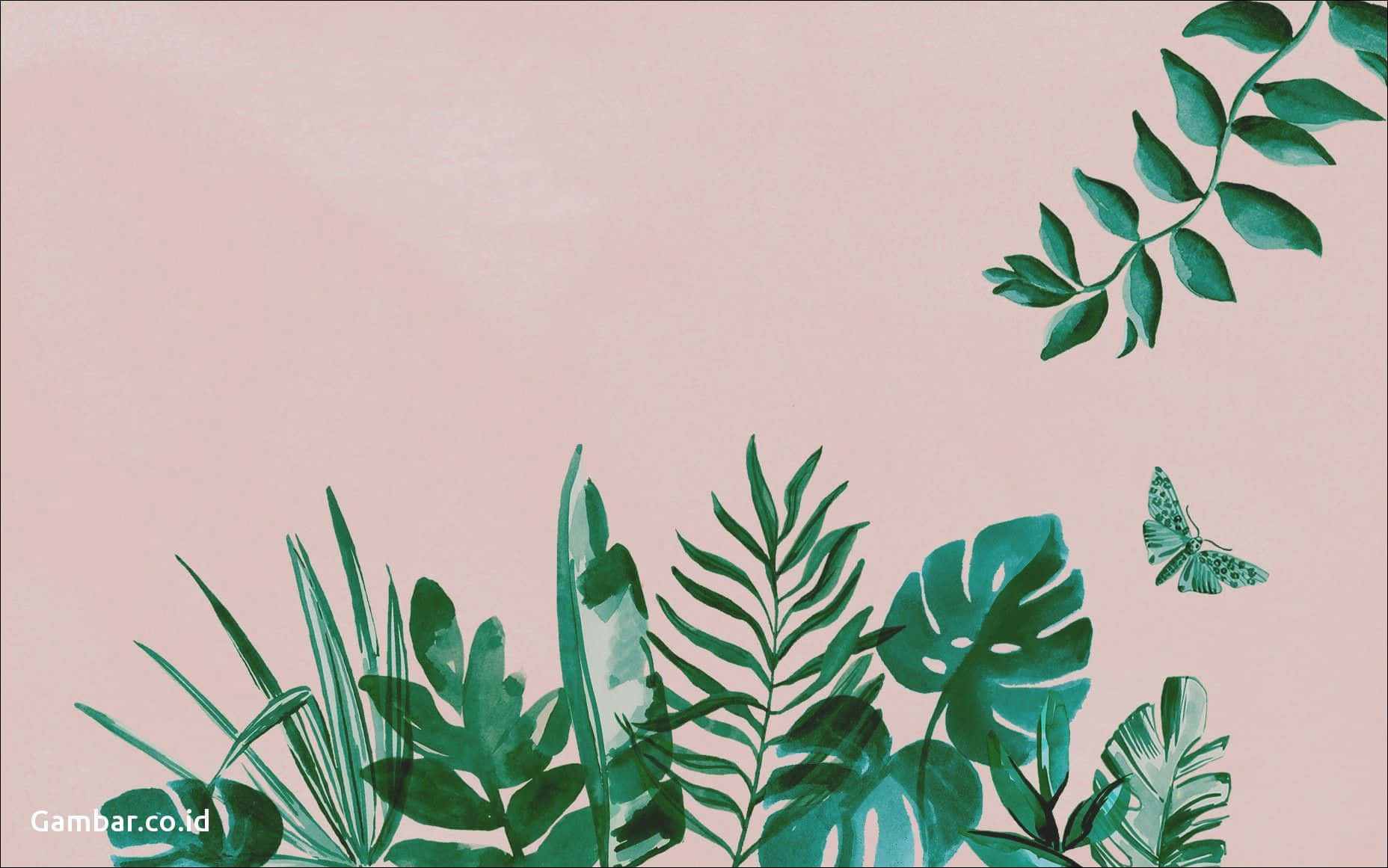 A Pink And Green Poster With A Butterfly And Leaves Background