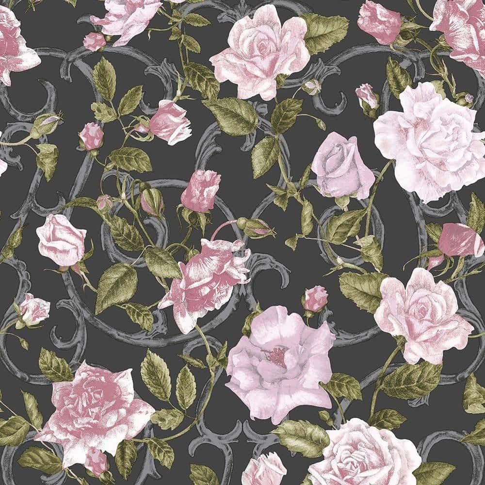 A Pink And Grey Floral Pattern On A Black Background Background