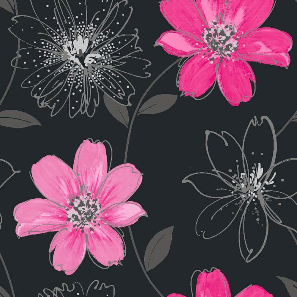 A Pink And Grey Floral Wallpaper On A Black Background Background