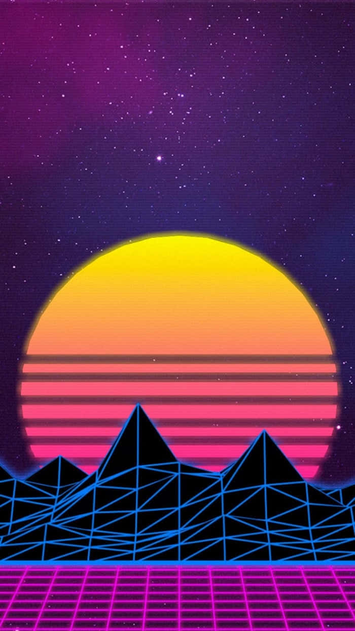 A Pink And Purple Background With A Sun And Mountains