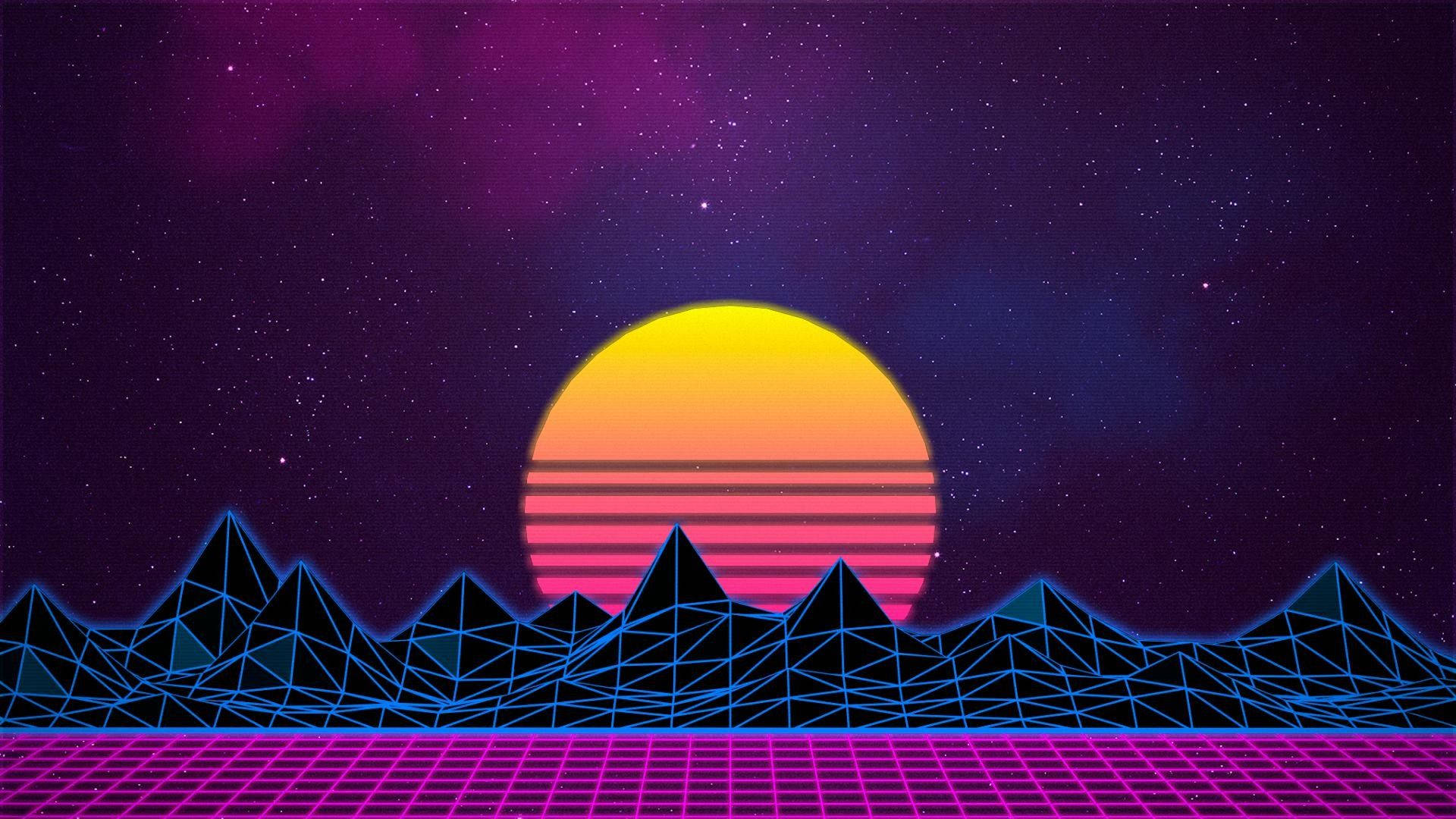 A Pink And Purple Background With A Sun Rising Over Mountains Background