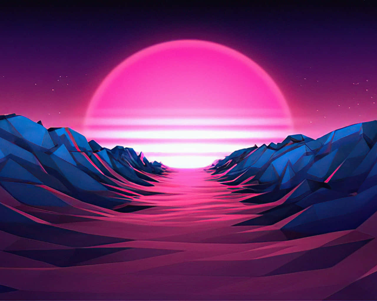 A Pink And Purple Landscape With Mountains And A Sun