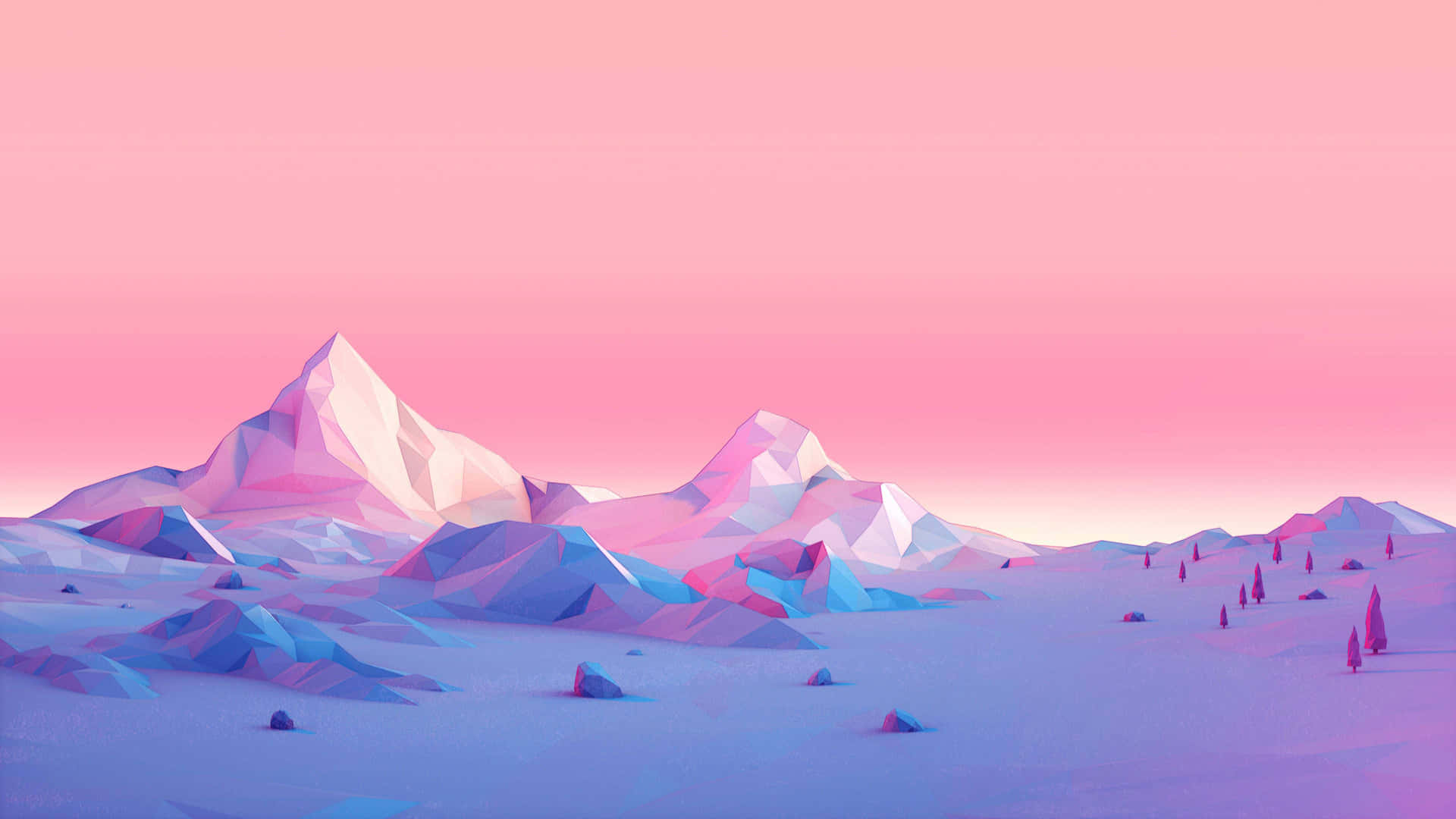 A Pink And Purple Landscape With Mountains And Trees Background