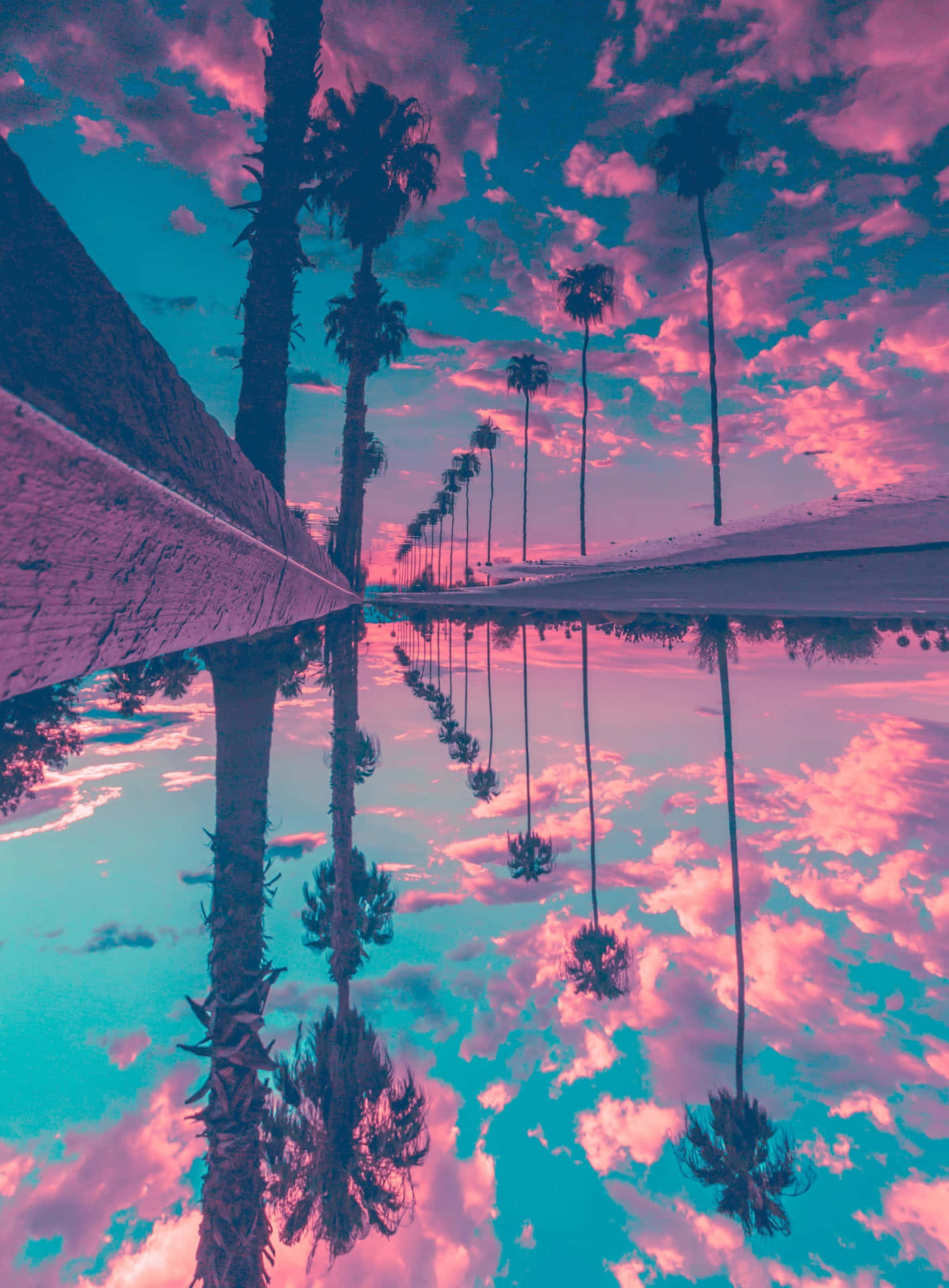 A Pink And Purple Sky With Palm Trees Reflected In The Water Background