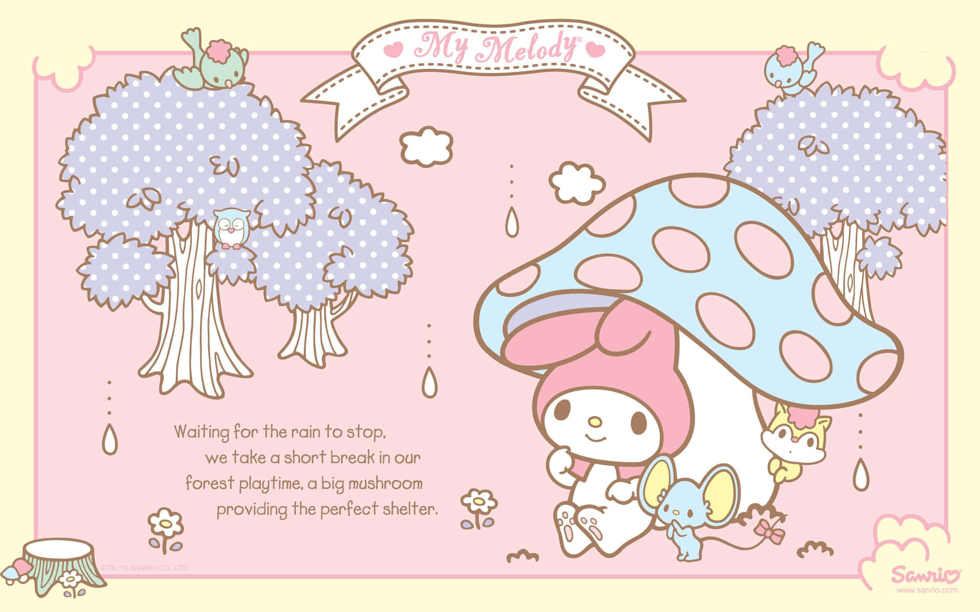 A Pink And White Cartoon With A Mushroom And A Teddy Bear Background