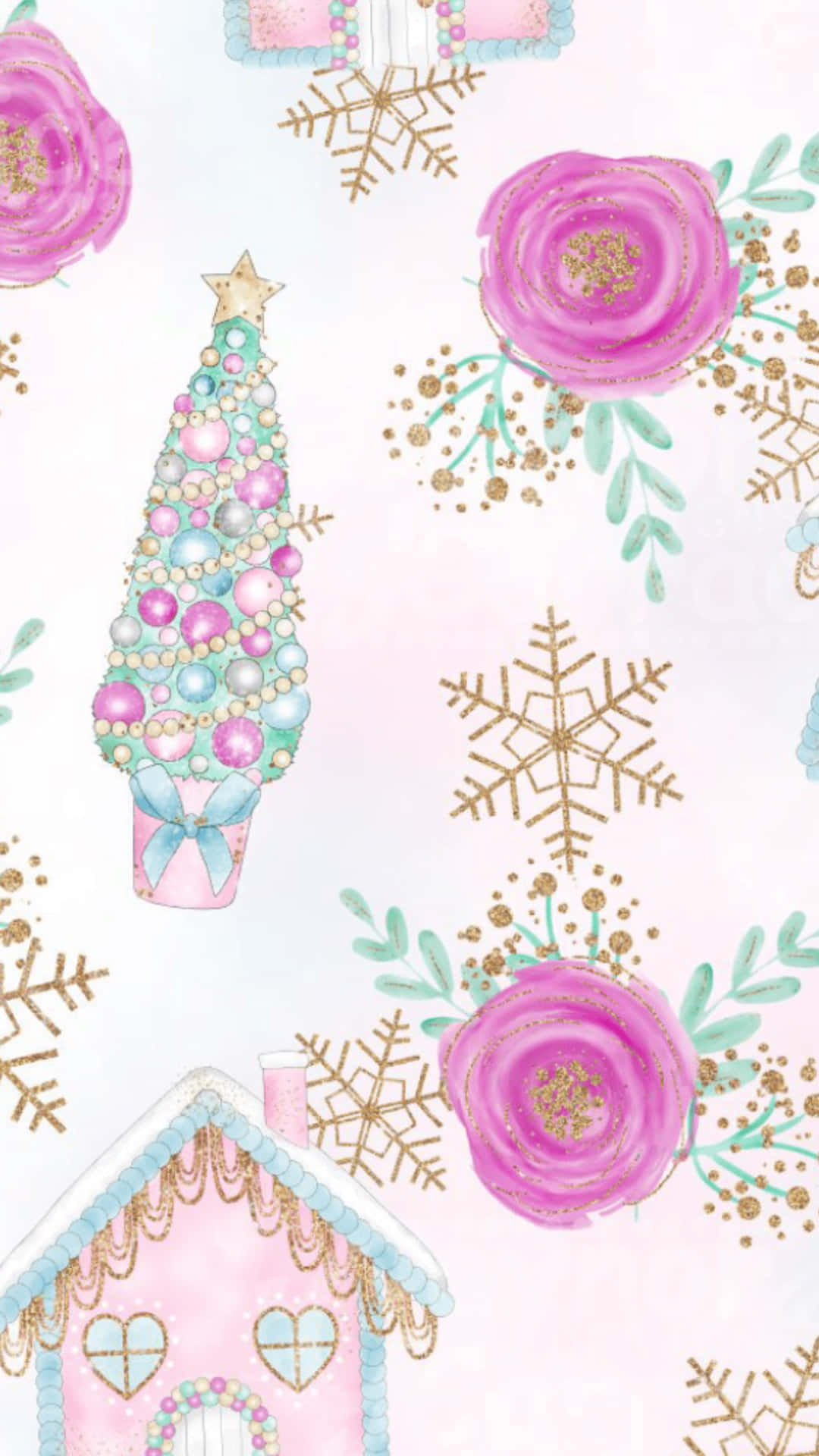 A Pink And White Christmas Pattern With A Tree And Snowflakes Background