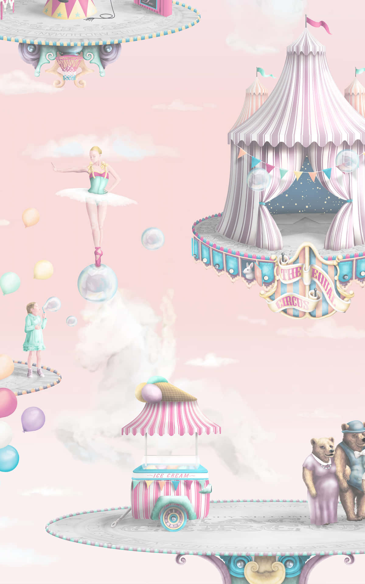 A Pink And White Circus Scene With Balloons And A Clown Background