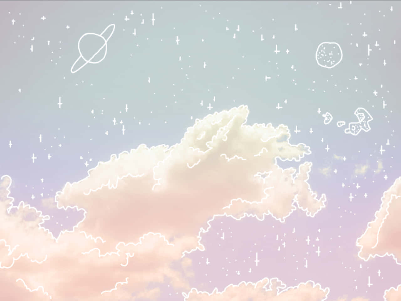 A Pink And White Sky With Clouds And Stars Background