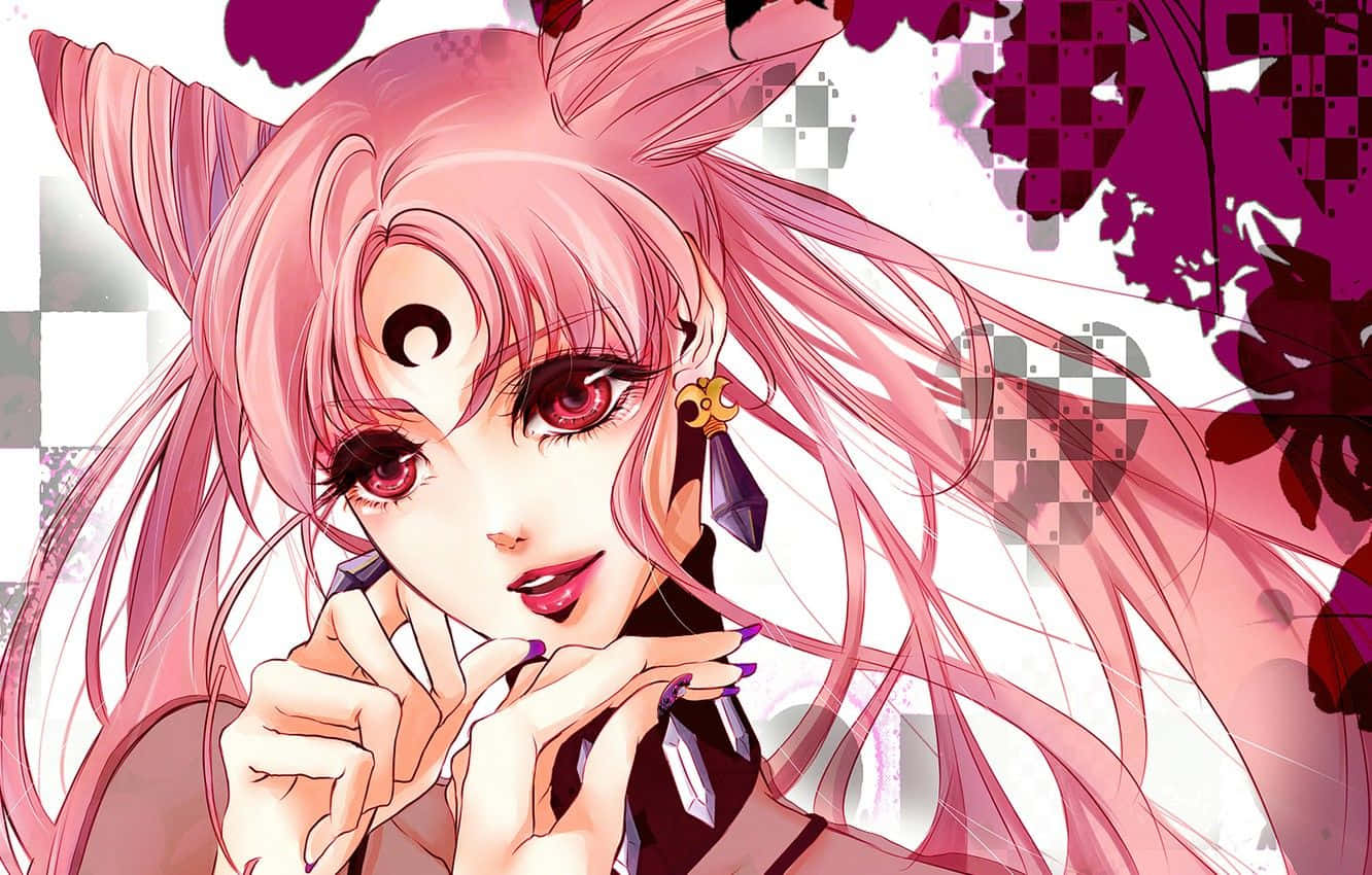 A Pink Anime Girl With Long Hair And Pink Eyes Background