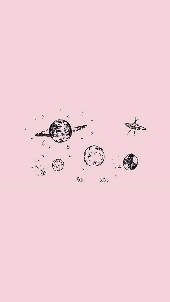 A Pink Background With A Drawing Of Planets And Stars Background