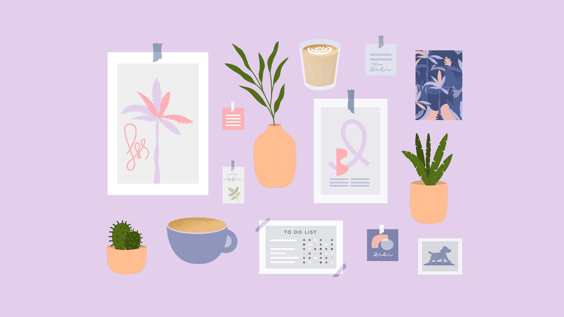 A Pink Background With A Plant, A Clock, And Other Items Background