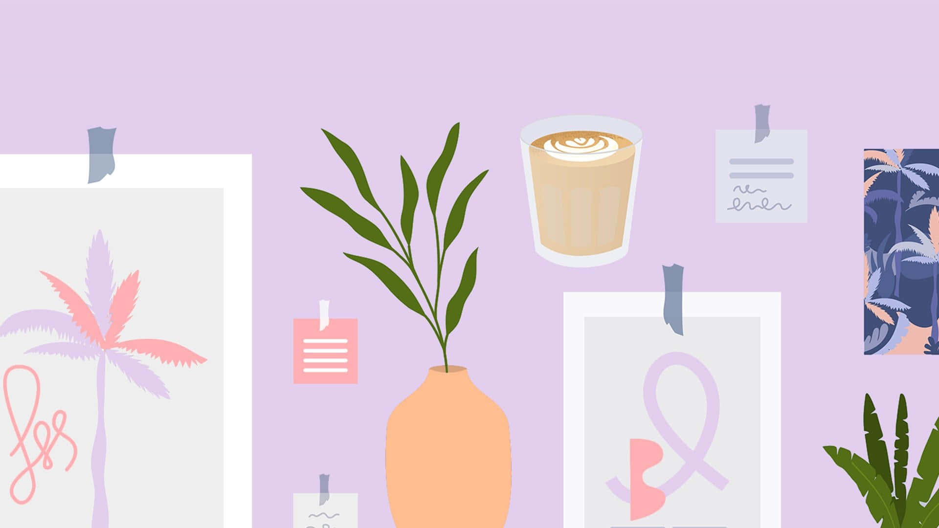 A Pink Background With A Plant And A Coffee Cup Background
