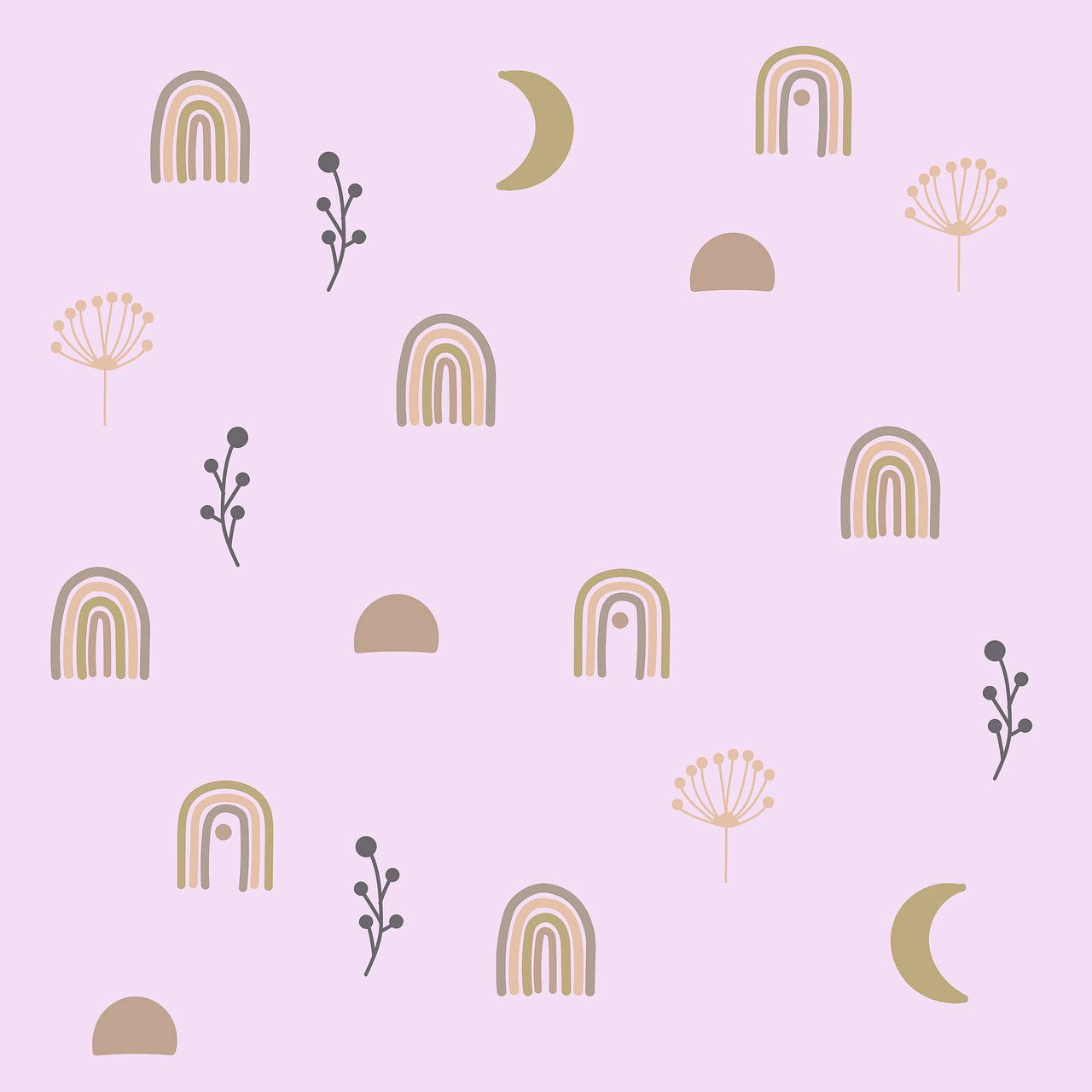 A Pink Background With A Rainbow, Moon And Flowers Background