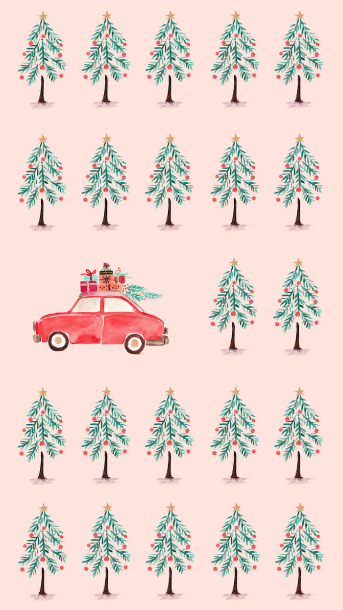 A Pink Background With A Red Car And Christmas Trees Background