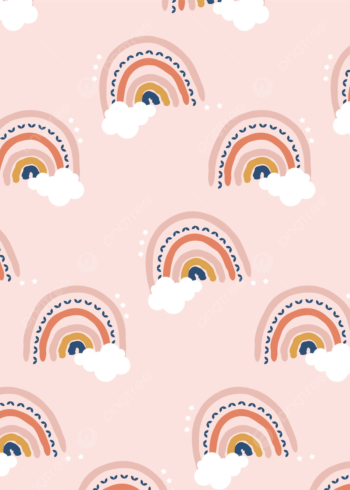 A Pink Background With Clouds And Rainbows Background