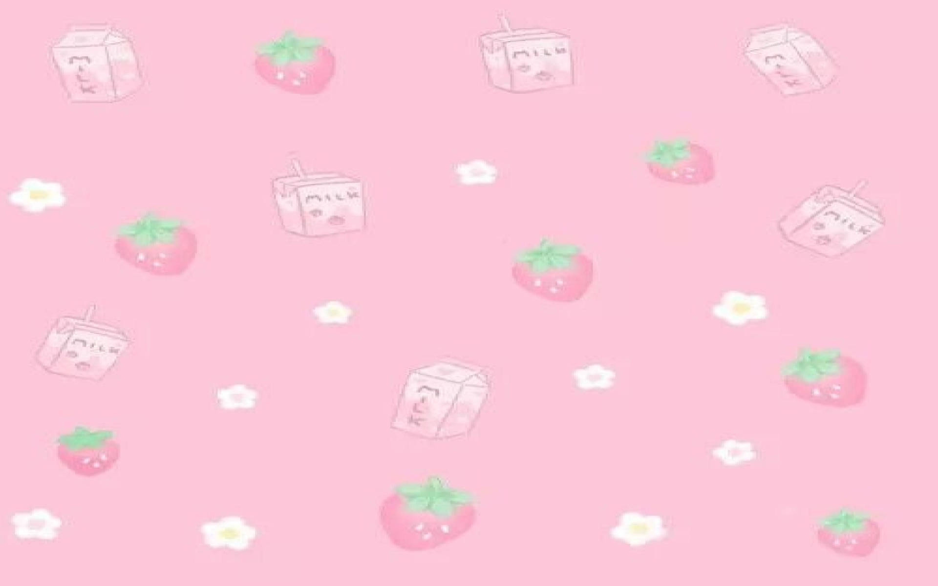 A Pink Background With Strawberries And Flowers