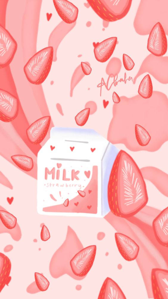 A Pink Background With Strawberries And Milk Background