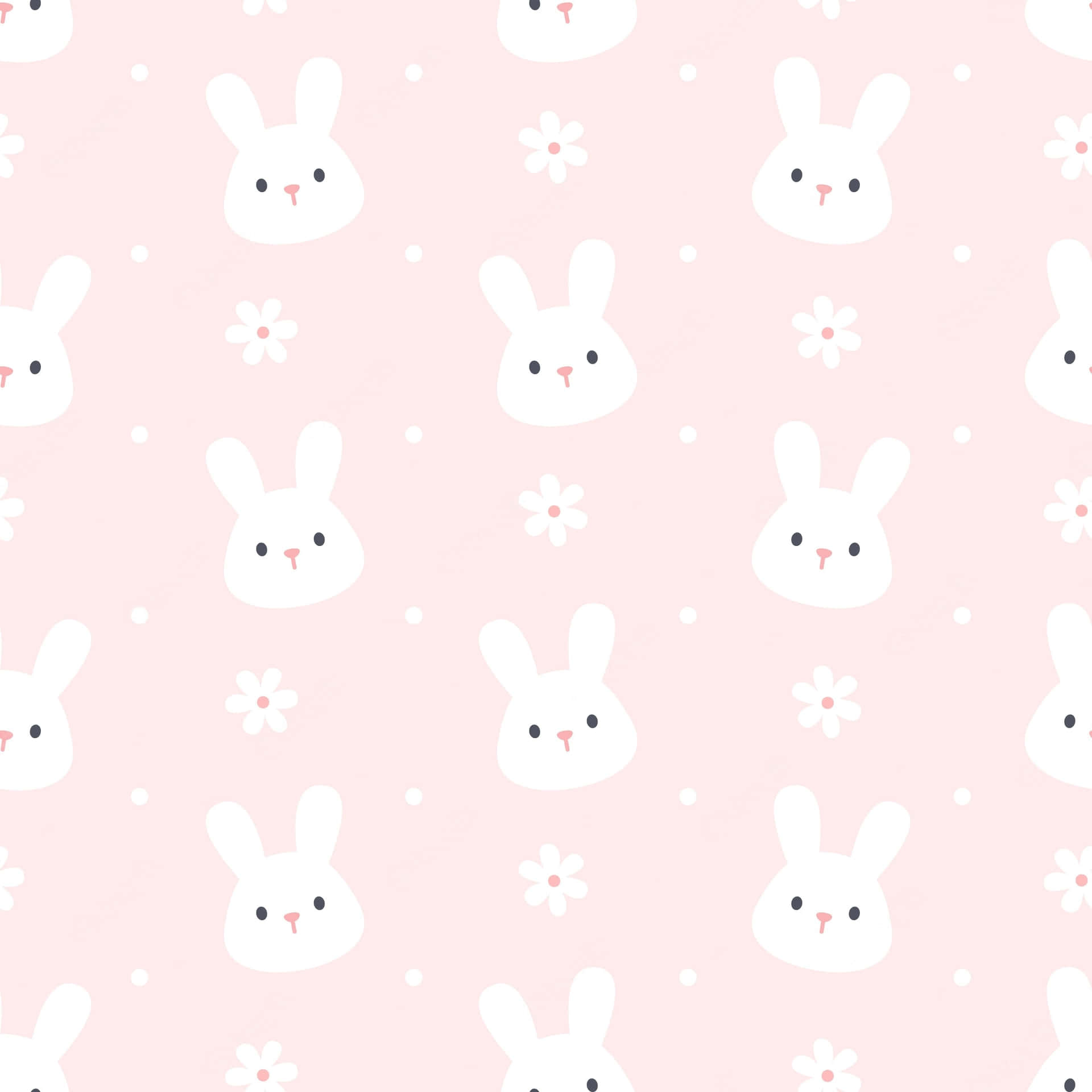 A Pink Background With White Bunny Faces And Flowers Background