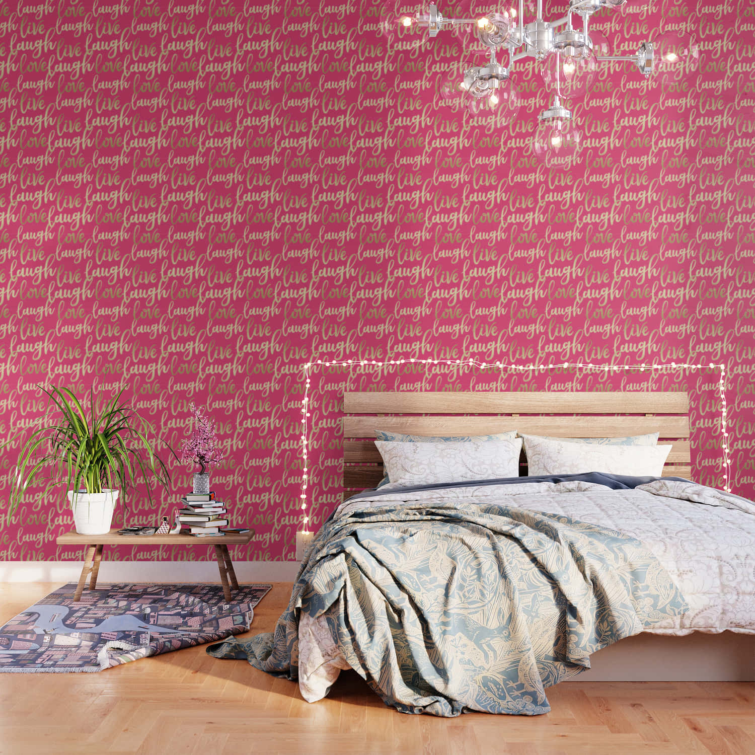 A Pink Bedroom With A Bed And A Lamp