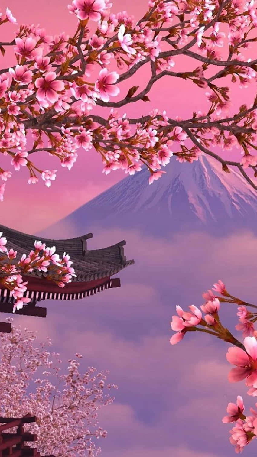A Pink Blossoming Tree With A Mountain In The Background Background