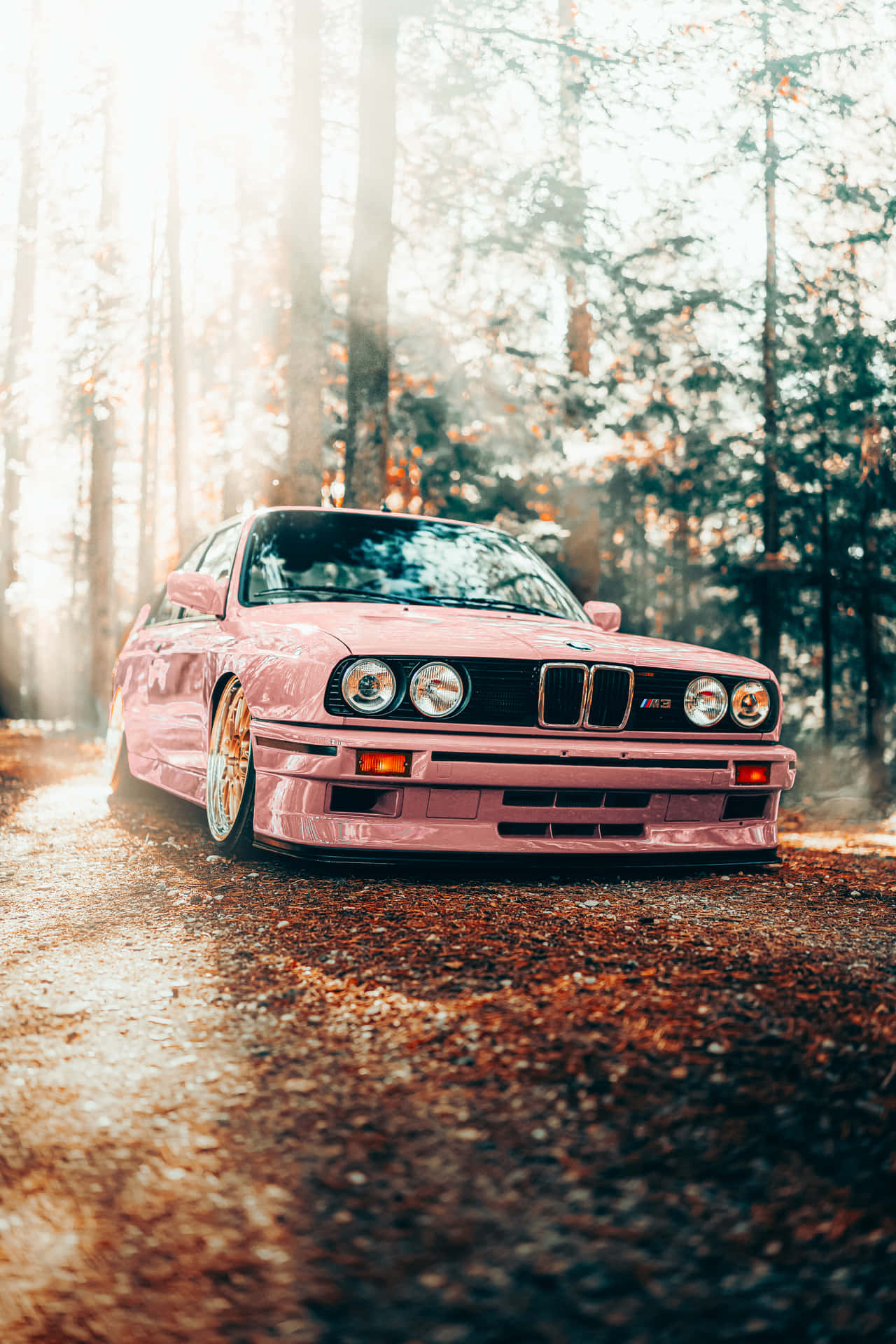 A Pink Bmw E30 Parked In The Woods Background