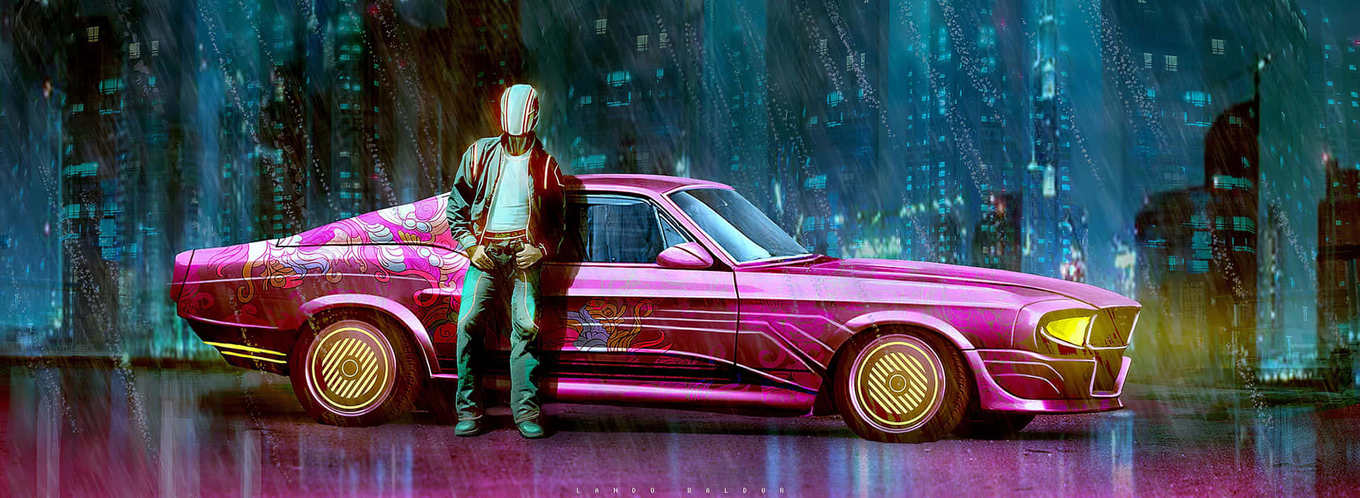 A Pink Car In The Night Background