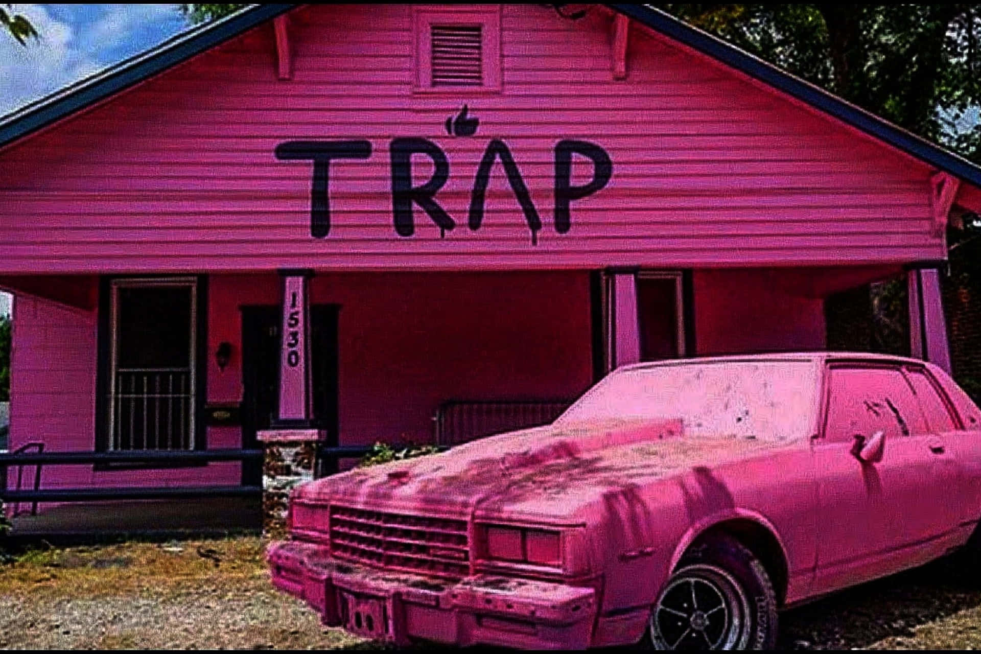 A Pink Car Parked In Front Of A Pink House Background