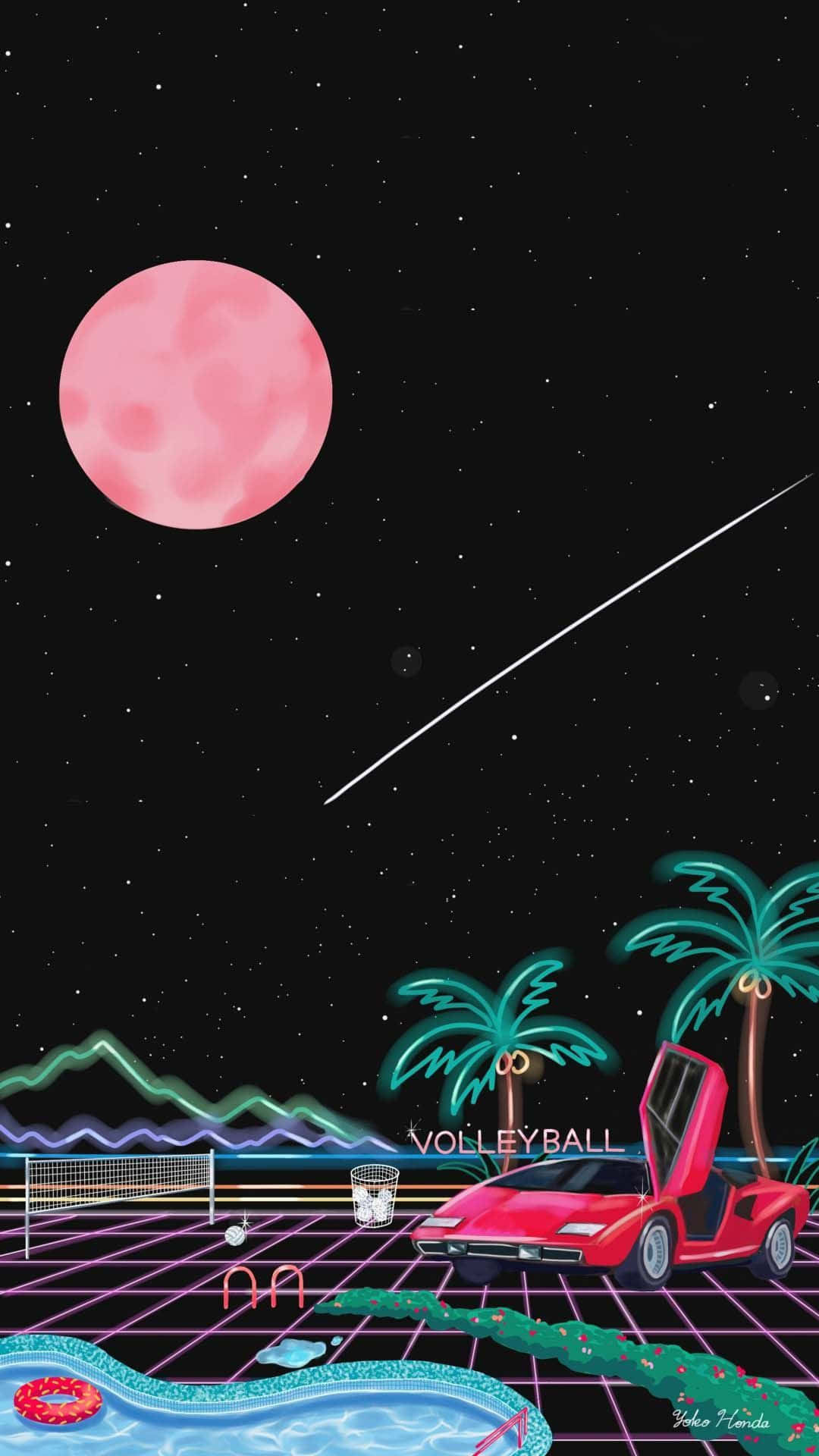A Pink Car With A Pink Moon In The Background