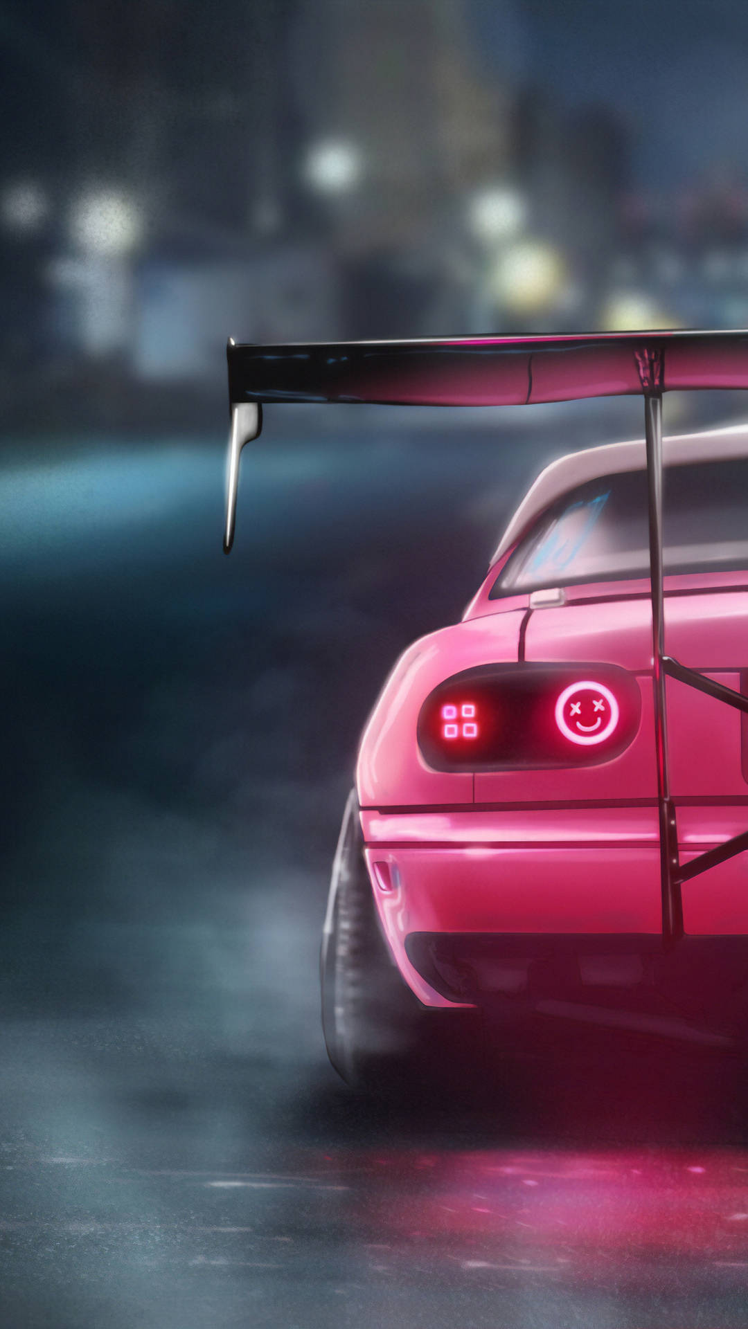 A Pink Car With Lights On It Driving Down The Street Background