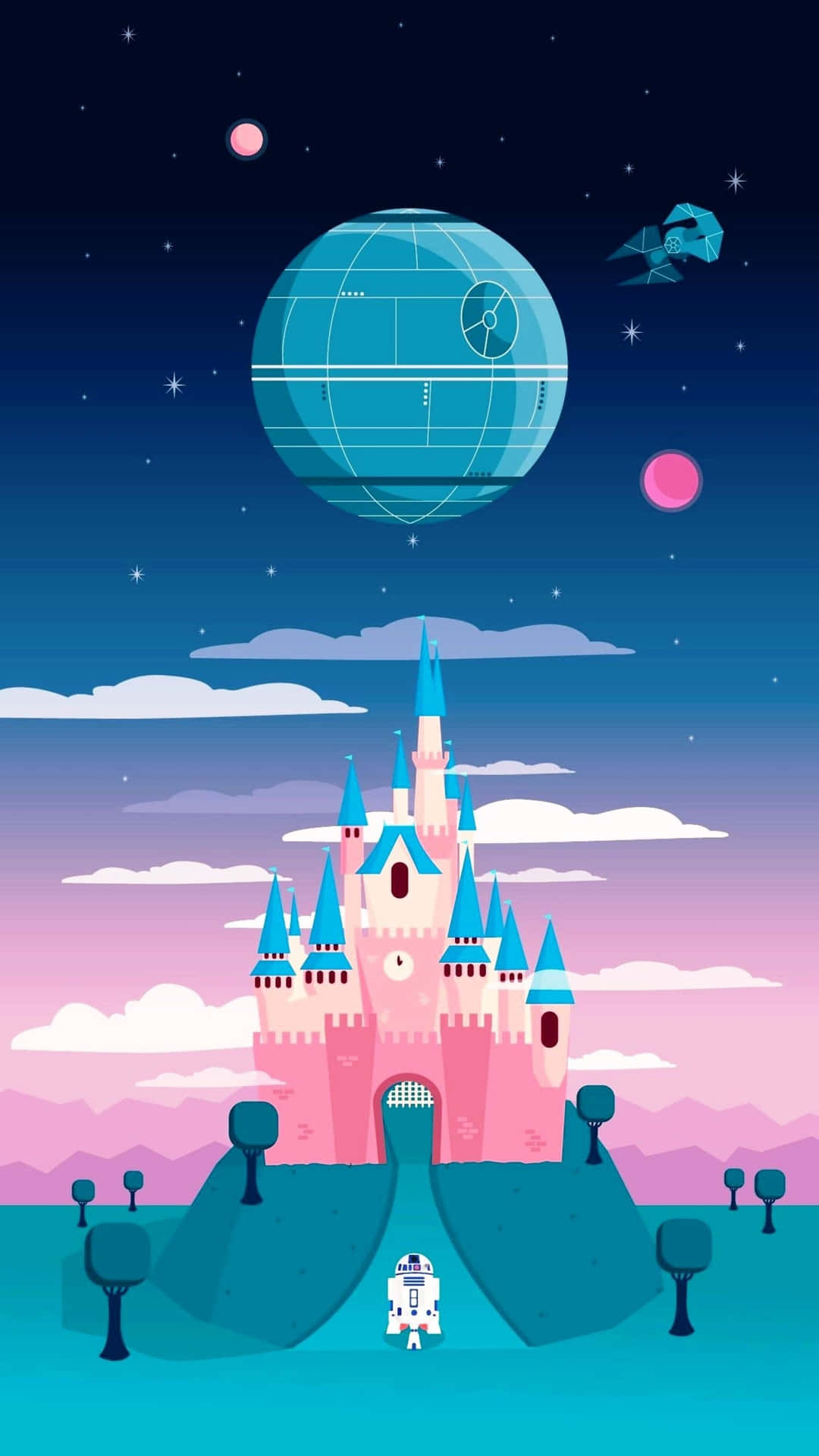 A Pink Castle With A Star Wars Ship In The Sky Background