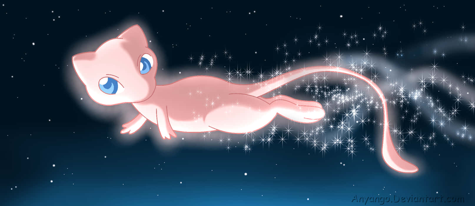 A Pink Cat Flying In The Sky With Stars Background