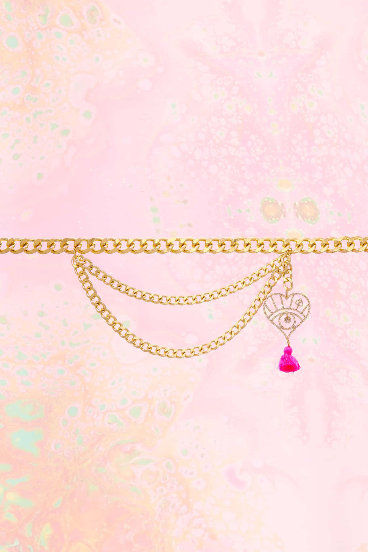 A Pink Chain Bracelet With A Pink Charm Background