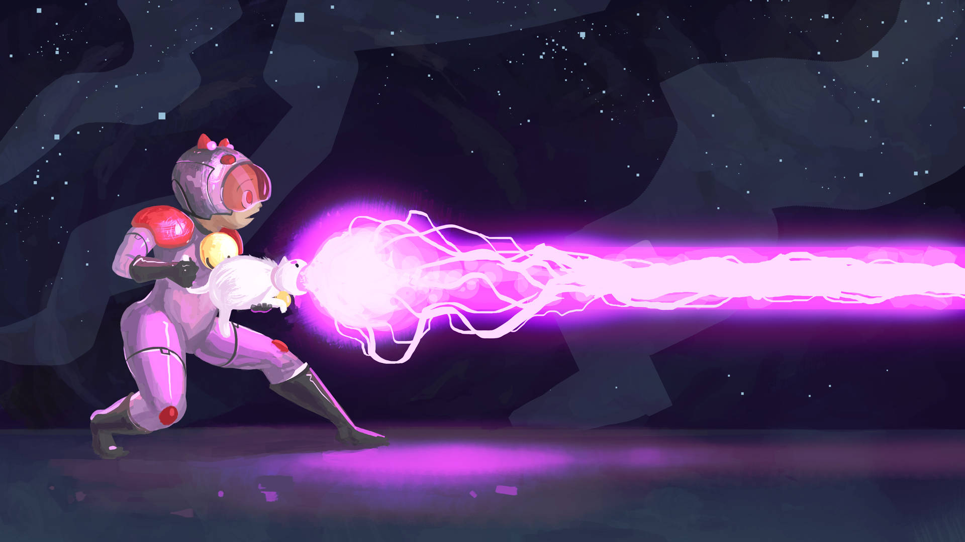 A Pink Character With A Purple Light Beam Background