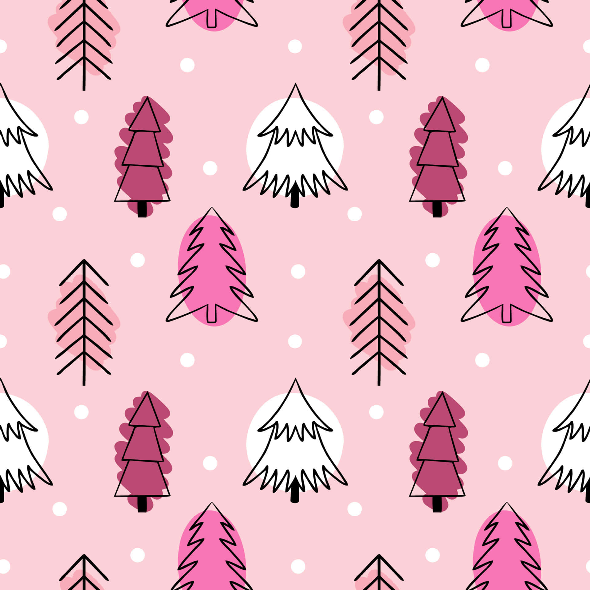 A Pink Christmas Tree Pattern With Polka Dots Background