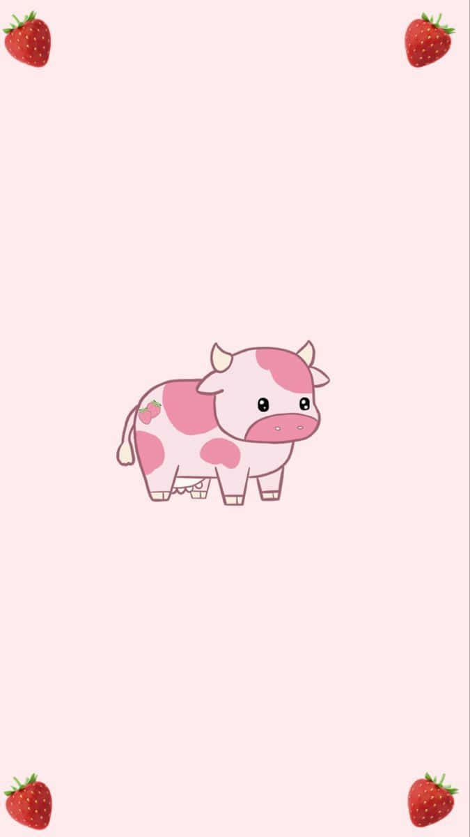 A Pink Cow With Strawberries Around It