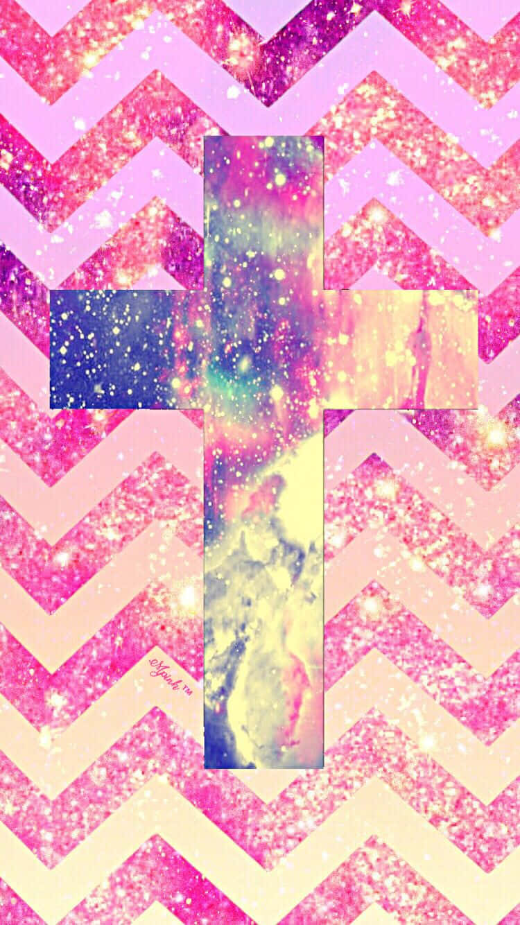 A Pink Cross Symbol In A Starry Night Sky. Background