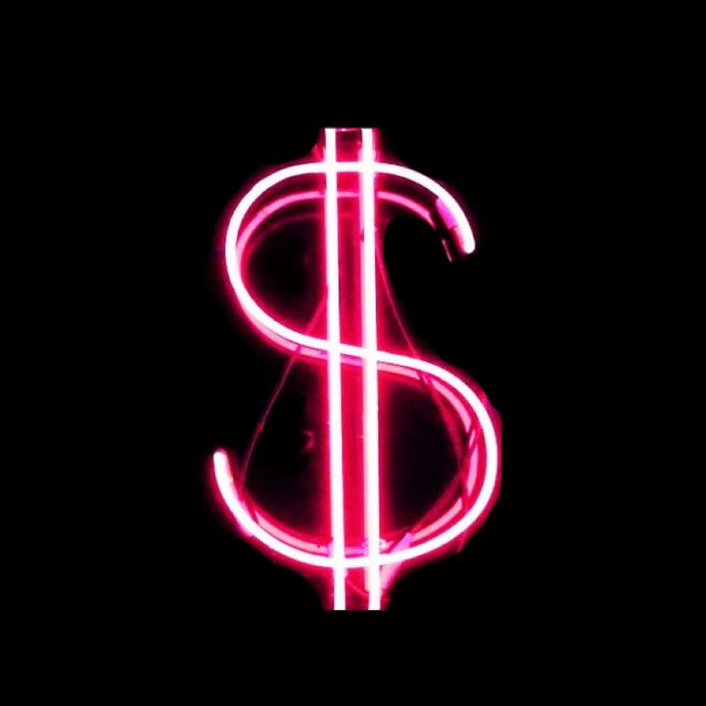 A Pink Dollar Sign Is Lit Up Against A Black Background Background