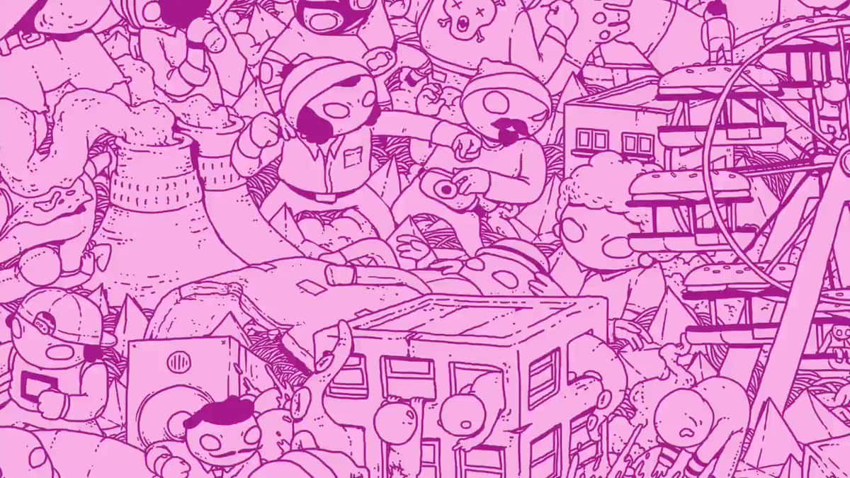 A Pink Drawing Of A Crowd Of People Background