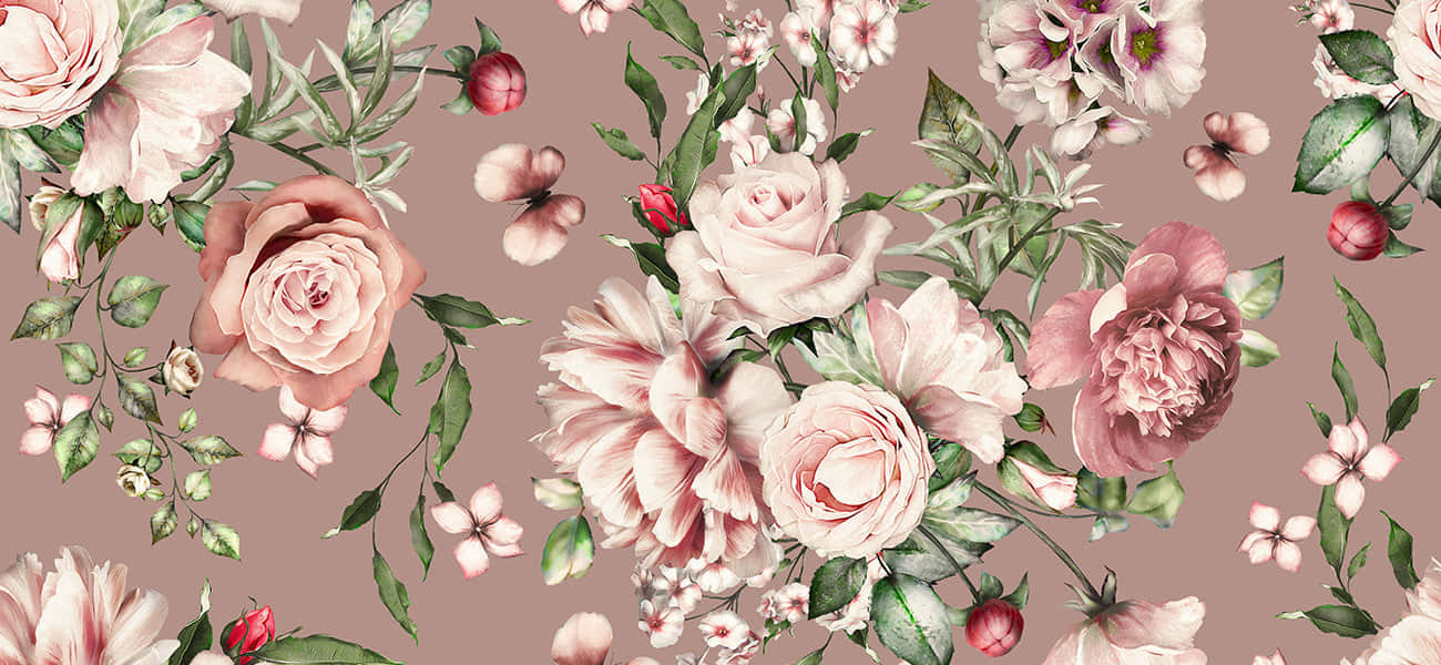 A Pink Floral Pattern On A Brown Background