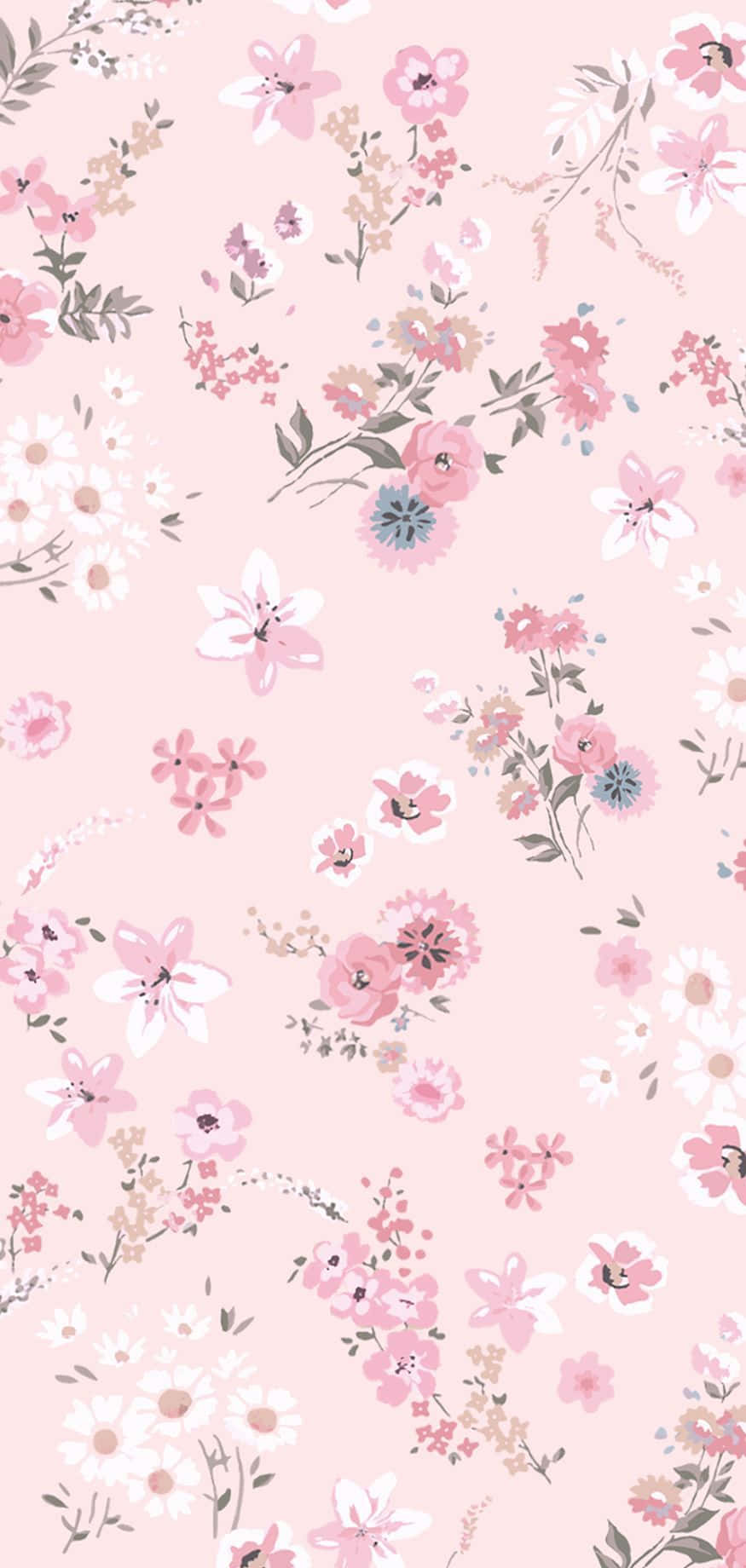 A Pink Floral Pattern With Blue Flowers Background