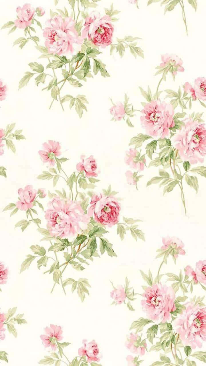 A Pink Floral Wallpaper With Green Leaves