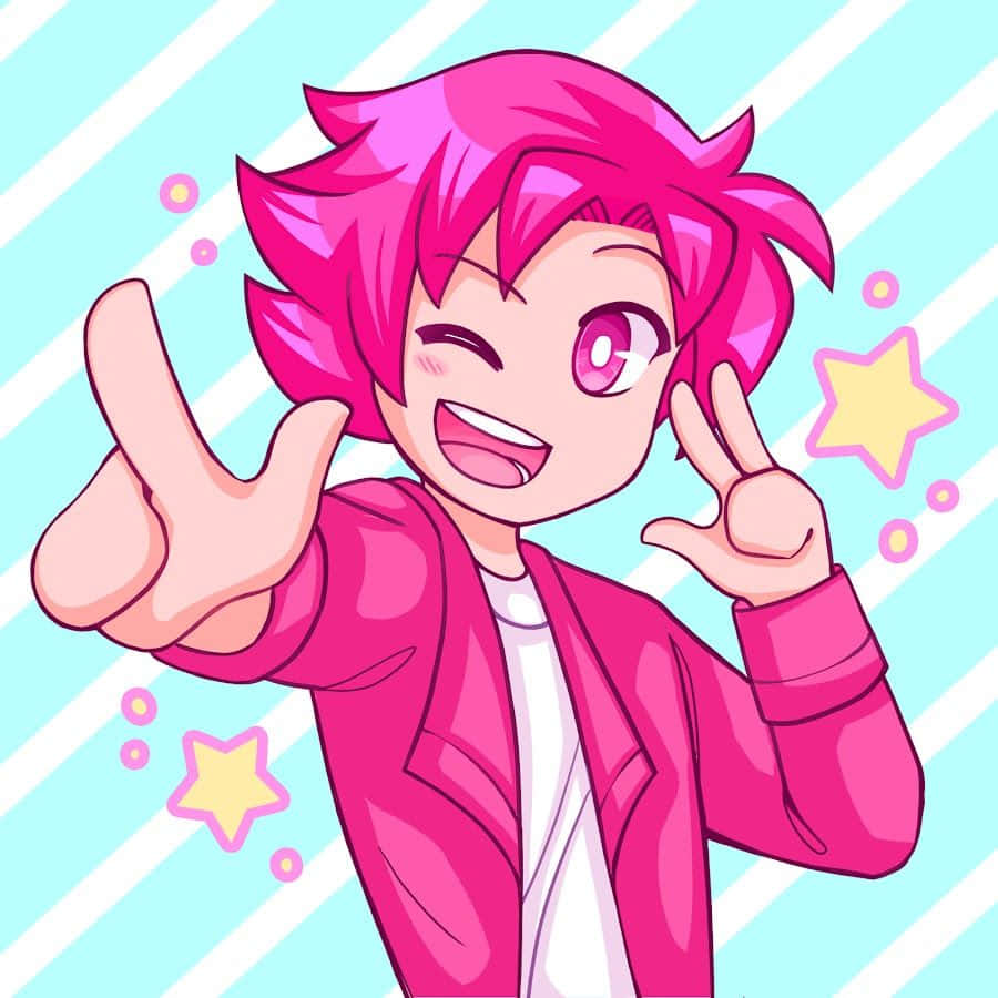 A Pink Haired Girl With A Star Pointing At The Camera Background