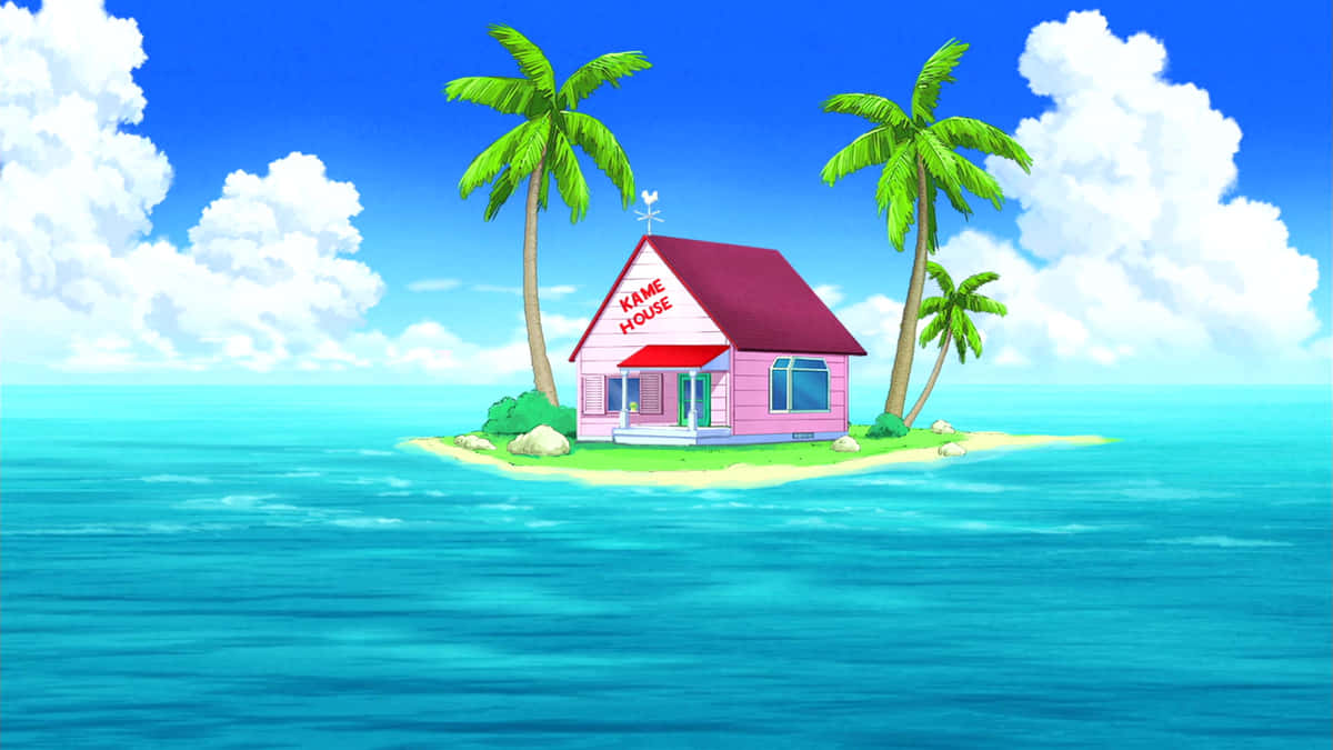 A Pink House On An Island With Palm Trees Background