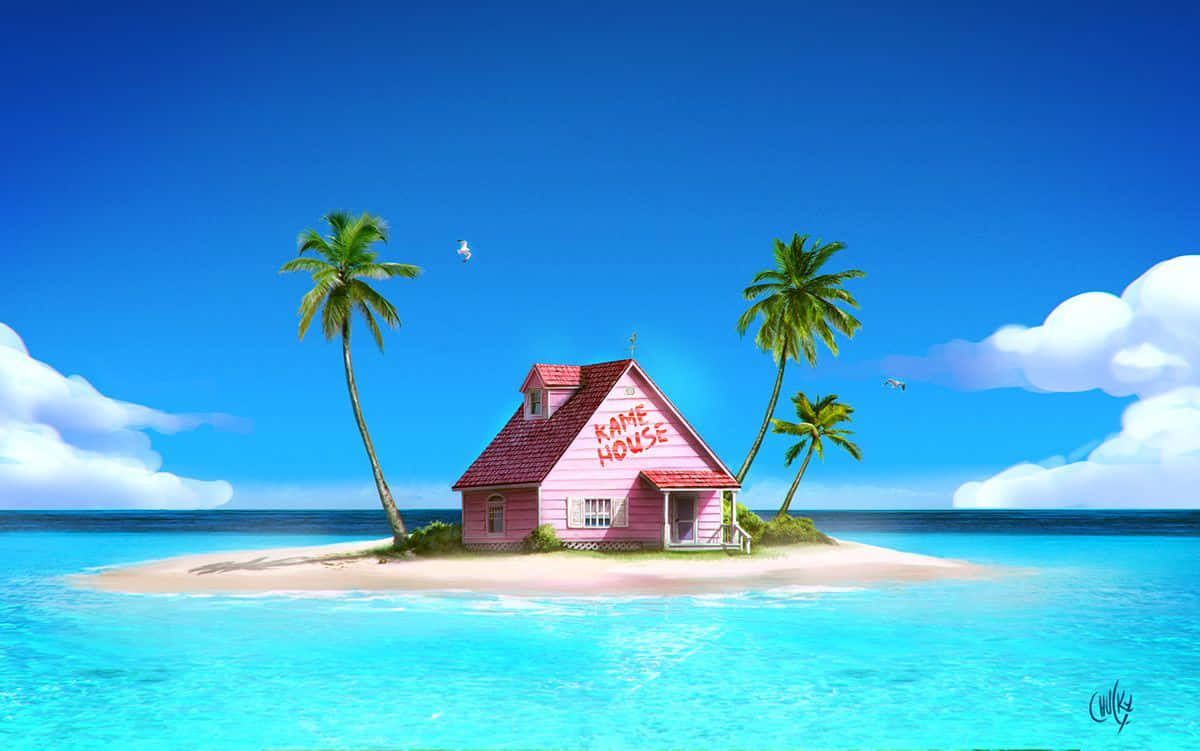 A Pink House On An Island With Palm Trees