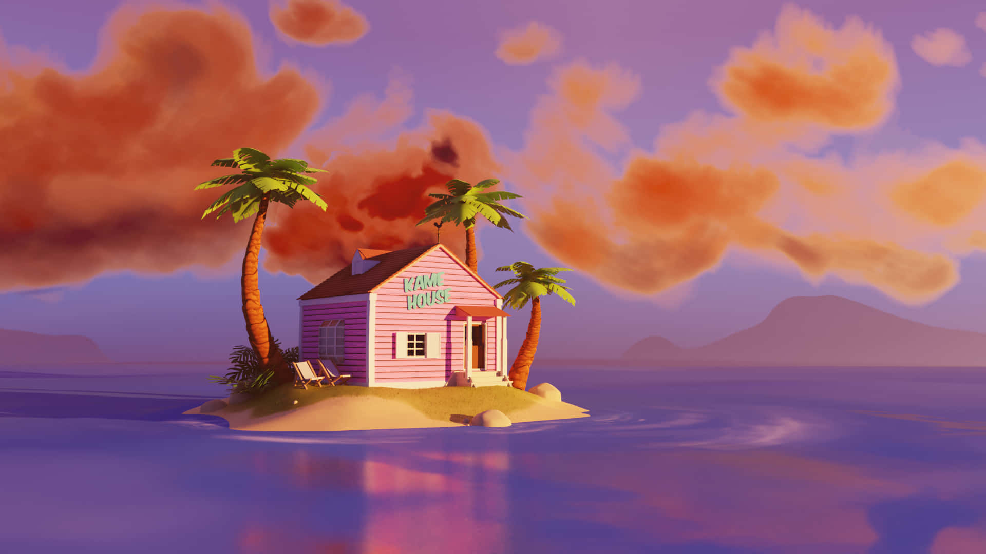 A Pink House On An Island With Palm Trees Background