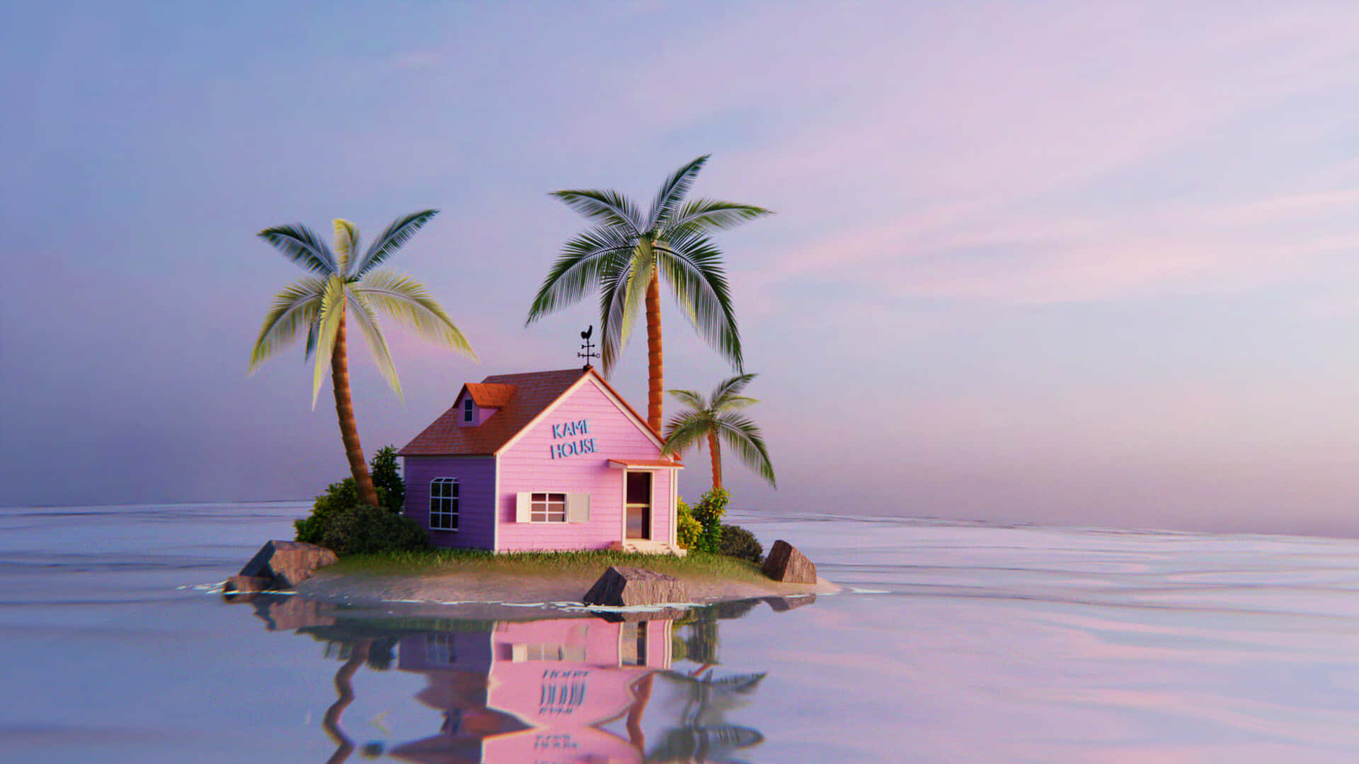 A Pink House On An Island With Palm Trees Background